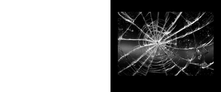 Shattered glass texture on black background, broken window pane with radial cracks, damaged screen surface with sharp shards and spiderweb pattern