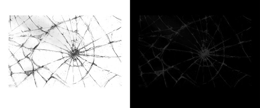 Shattered glass texture with radial cracks, broken window screen effect on black and white backgrounds, cracked glass overlay for photo editing
