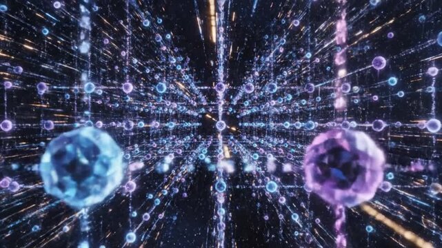 Abstract digital network grid with glowing spheres and light