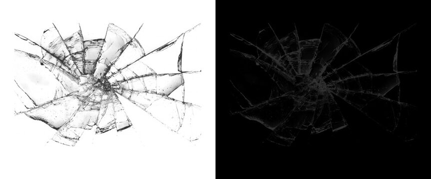 Shattered glass texture with radial cracks, broken window impact effect on white and black background, realistic cracked glass overlay for design