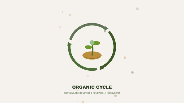 Green circular arrow surrounds sprouting plant on beige background