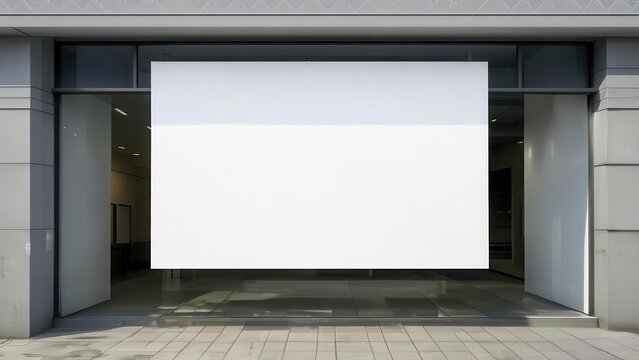 A blank white canvas is displayed in a modern storefront. The entrance features large glass doors and a minimalist design.