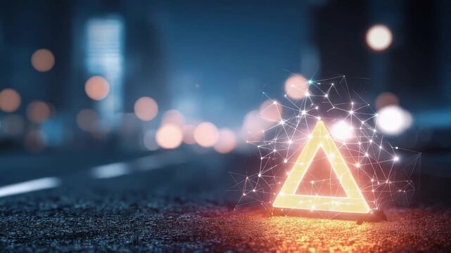 A glowing orange triangle with a digital network overlay emerges from the asphalt on a blurred city street at night, symbolizing technology. ..Created with Generative AI, not depicting real subjects.