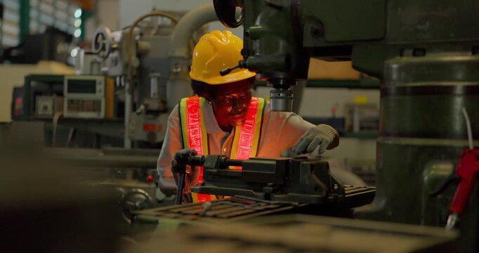 A Black female machinist in a hi vis vest, hard hat and safety glasses sets a metal workpiece in the machine vice of an industrial drilling machine and operates the spindle in a factory.

