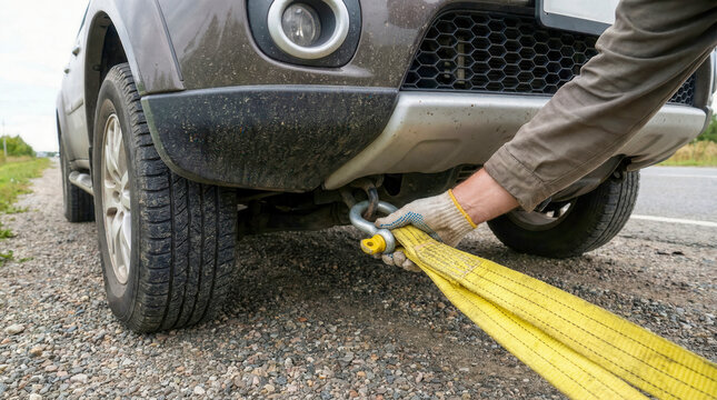 A driver attaches a yellow tow strap to a car hook on a roadside, vehicle breakdown, emergency towing, car assistance.