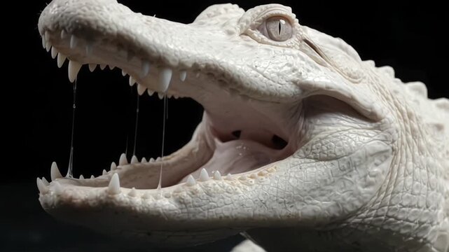 White alligator opening its powerful jaws with sharp teeth
