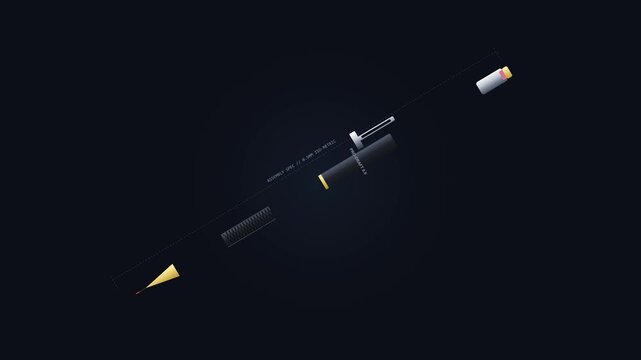 Exploded technical drawing showing pen components from multiple angles on dark background