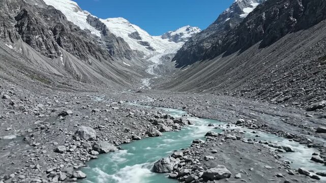 Glacial river flowing through rocky alpine valley under blue sky