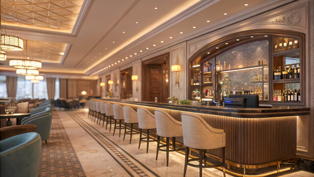 Interior of an upscale hotel bar with modern decor, luxury lifestyle, evening relaxation.