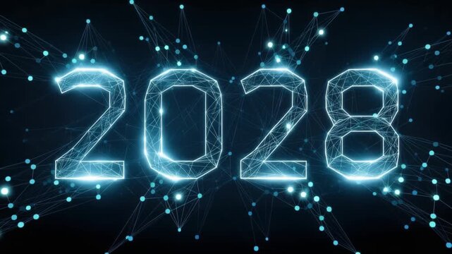 Futuristic glowing numbers 2028 hover above a digital network of interconnected nodes and glowing particles. ..Created with Generative AI, not depicting real subjects.