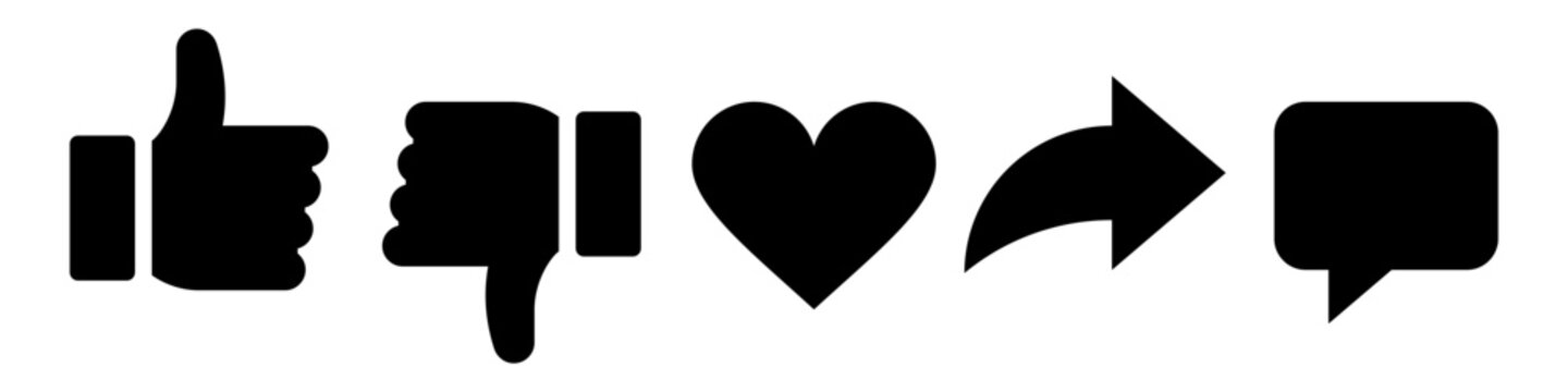 Like, dislike, love, share abd comment icon in black circle. Thumbs up, down, heart, send arrow and chat bubble symbol.
