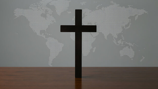 Global Christian mission concept with wooden cross on world map