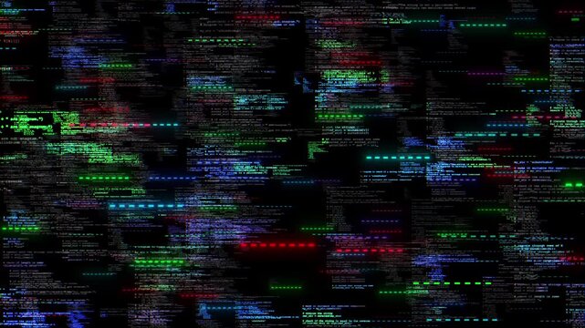 Animated programming code fills a dark screen red, green, blue glitch effects. software engineering, terminals, algorithms, cyber visuals, development, debugging, data systems, technology edits.