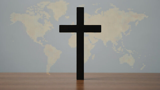 Simple dark wooden cross standing on wooden table with map background