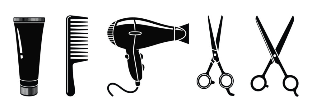 hairdressing salon equipment icon set, barber tools for professional grooming, haircutting, hairstyling and beauty service vector design