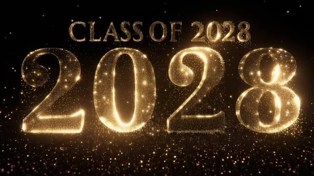 Class of 2028 glowing in gold, set against a dark, sparkly background, signifying a celebratory future and graduation year. ..Created with Generative AI, not depicting real subjects.