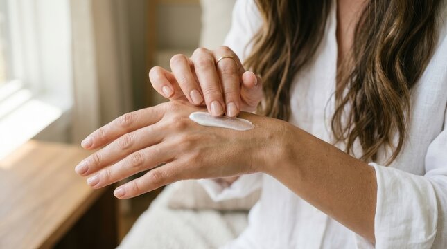 Close-up of a woman applying white lotion or moisturizer to her hand for daily skincare routine at home