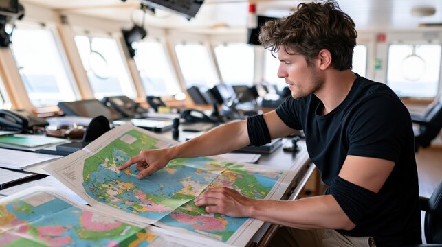 A seaman studies nautical charts within a vessels navigation room.