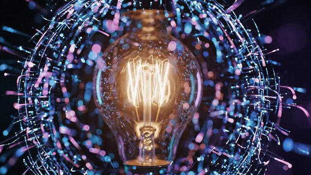 Glowing light bulb with blue energy trails on dark background