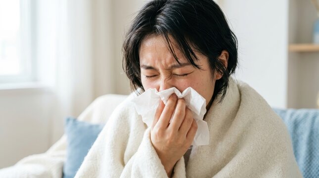 Sick Asian Woman Blowing Her Nose with Tissue While Wrapped in Blanket at Home - Cold and Flu Concept