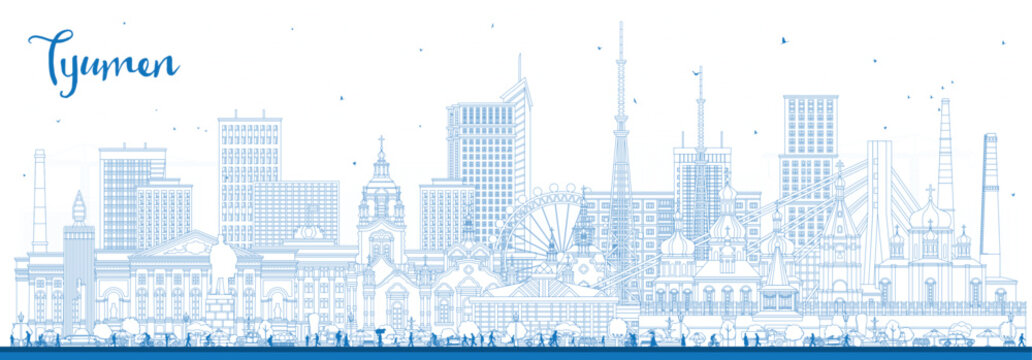 Outline Tyumen Russia city skyline with blue buildings. Tyumen cityscape with landmarks. Business travel and tourism concept. Modern and historic architecture.