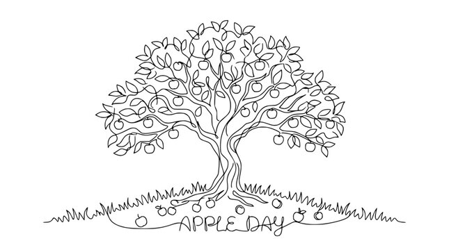 Continuous Line Drawing of Apple Tree with Fruit and "Apple Day" Text