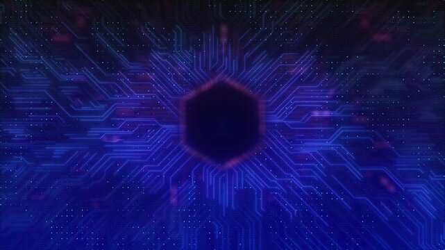 Futuristic electronic circuitry forms a luminous processor pattern around a dark center. semiconductor concepts, computing power, automation, engineering, network systems, and technology scenes.
