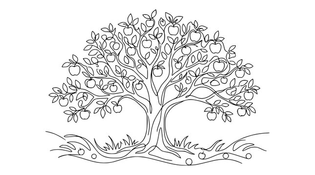 Line Art Apple Tree with Fruit Isolated on White Background