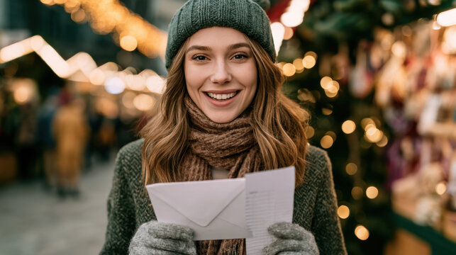Smiling young woman holding envelope and shopping list at illuminated christmas market during holiday season