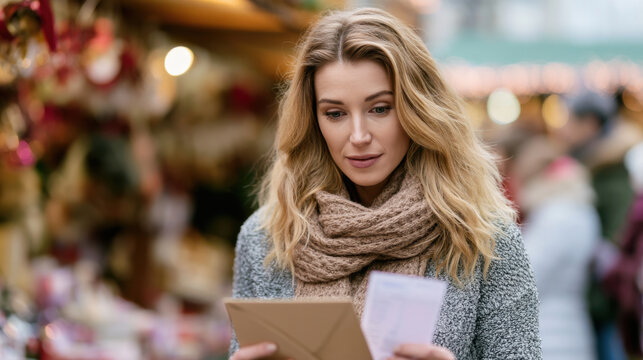 Young woman holding envelope and shopping list at festive christmas market while planning holiday purchases
