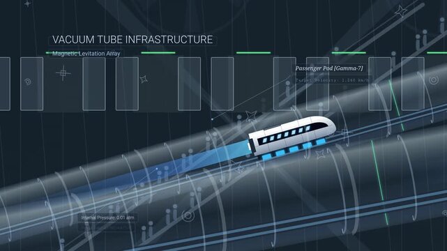 Futuristic hyperloop transportation system animation featuring a high speed passenger pod traveling through a vacuum tube infrastructure with magnetic levitation array and HUD data overlay