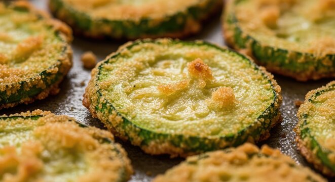 Golden brown roasted zucchini slices on baking tray with crispy edges