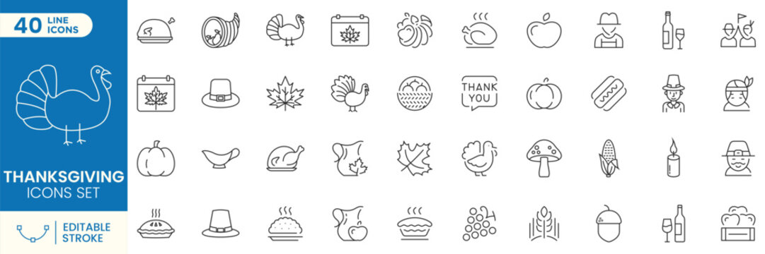 Thanksgiving icons set. Collection of turkey, pumpkin, harvest, food, dinner, pie, autumn, celebration and traditional holiday symbols. Editable stroke