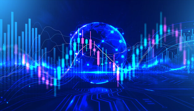 Dynamic blue financial background featuring a glowing digital globe and candlestick charts, representing global market connectivity, international trading, and modern data-driven economic forecasting.