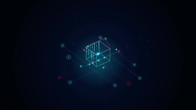 Digital smart home concept: isometric house wireframe with data nodes and network connectivity digital house