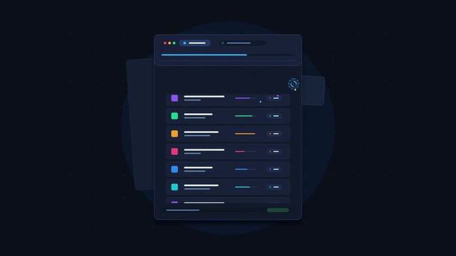 Dark UI dashboard interface with colorful progress bars and data elements in a digital application, modern web design