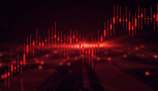 Dramatic red financial market chart with glowing candlestick bars showing price fluctuations and economic volatility concept for risk analysis and global trading background with dark abstract lights
