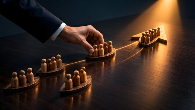 Businessman s hand arranging wooden figures in boats on a wooden table forming an arrow shape towards a bright light symbolizing teamwork and success.