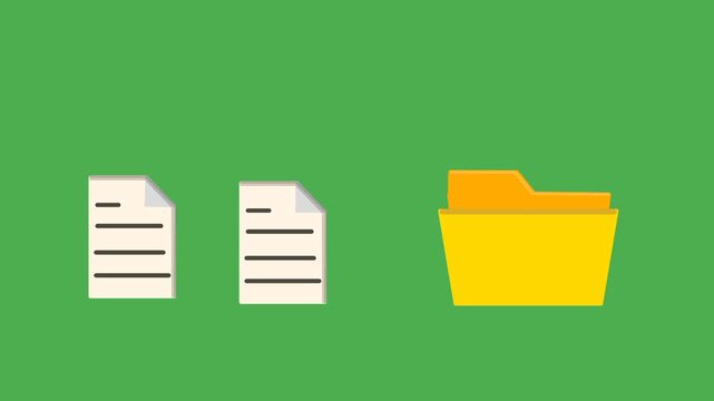 Animated file copy concept showing a duplicating document icon moving into a destination folder, representing data transfer, backup, storage, and file management.