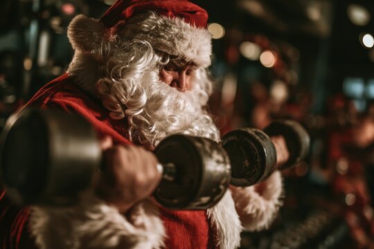 Santa claus doing a strength workout with dumbbells, staying fit for the holiday season