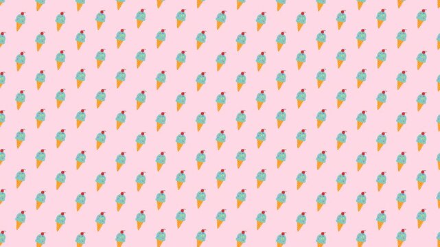Seamless Pattern of Colorful Ice Cream Cones on a Soft Pink Background.