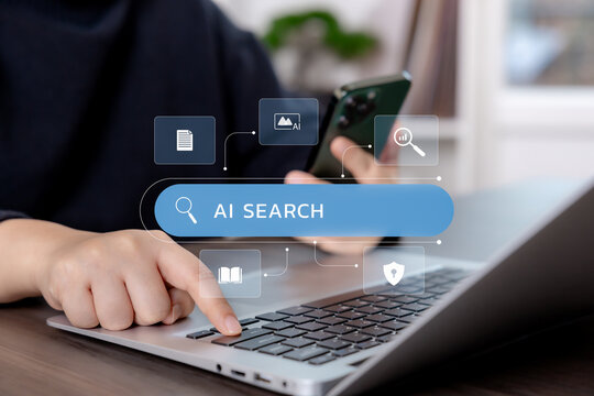 AI search concept with a person using a digital search interface featuring document retrieval, image search, knowledge resources, analytics and data security.
