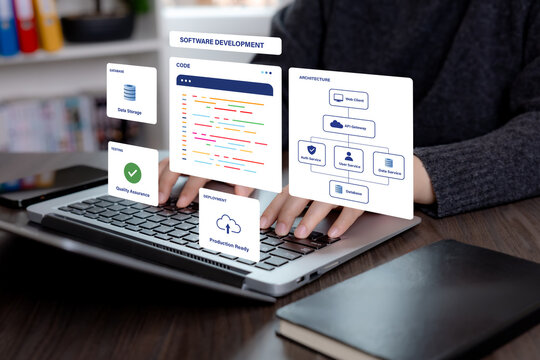 Software development concept with a developer typing beneath digital panels showing code, application architecture, database storage, quality assurance and cloud deployment.
