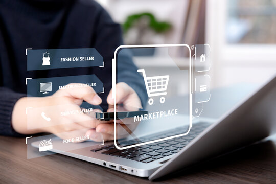 Online marketplace concept with a person using a digital shopping interface featuring a shopping cart and seller categories for fashion, electronics, services and food.
