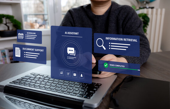 AI assistant concept with a professional using a digital interface for scheduling, document support, information retrieval and task completion to improve workplace productivity.
