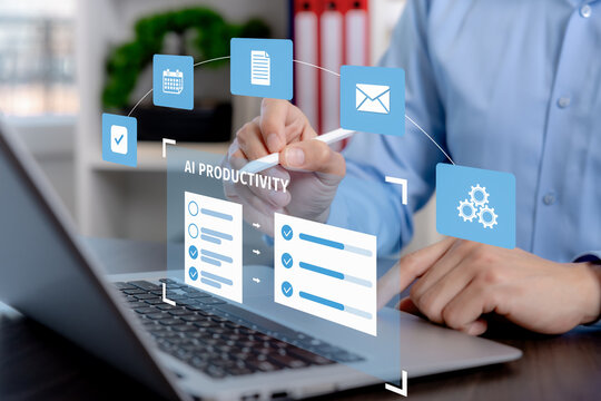 AI productivity concept with a professional using a stylus on a digital interface showing task completion, workflow automation, scheduling, document management and email.

