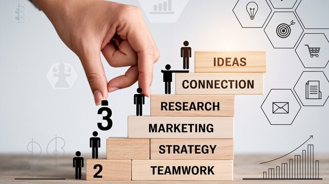 Hand building business strategy steps with wooden blocks and human icons for success concept