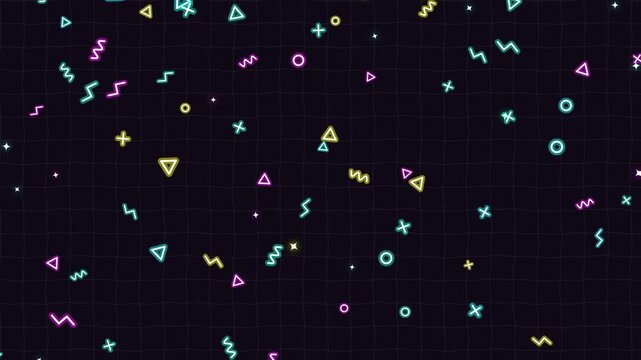 Abstract Memphis Style Motion Background with Floating Geometric Shapes and Neon Colors.