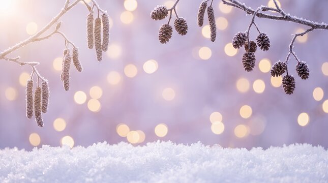 Winter Frosty Alder Branches with Bokeh Lights and Snow Background