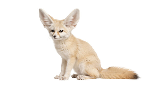 Cute fennec fox with large ears sits on a plain white background in this studio portrait.